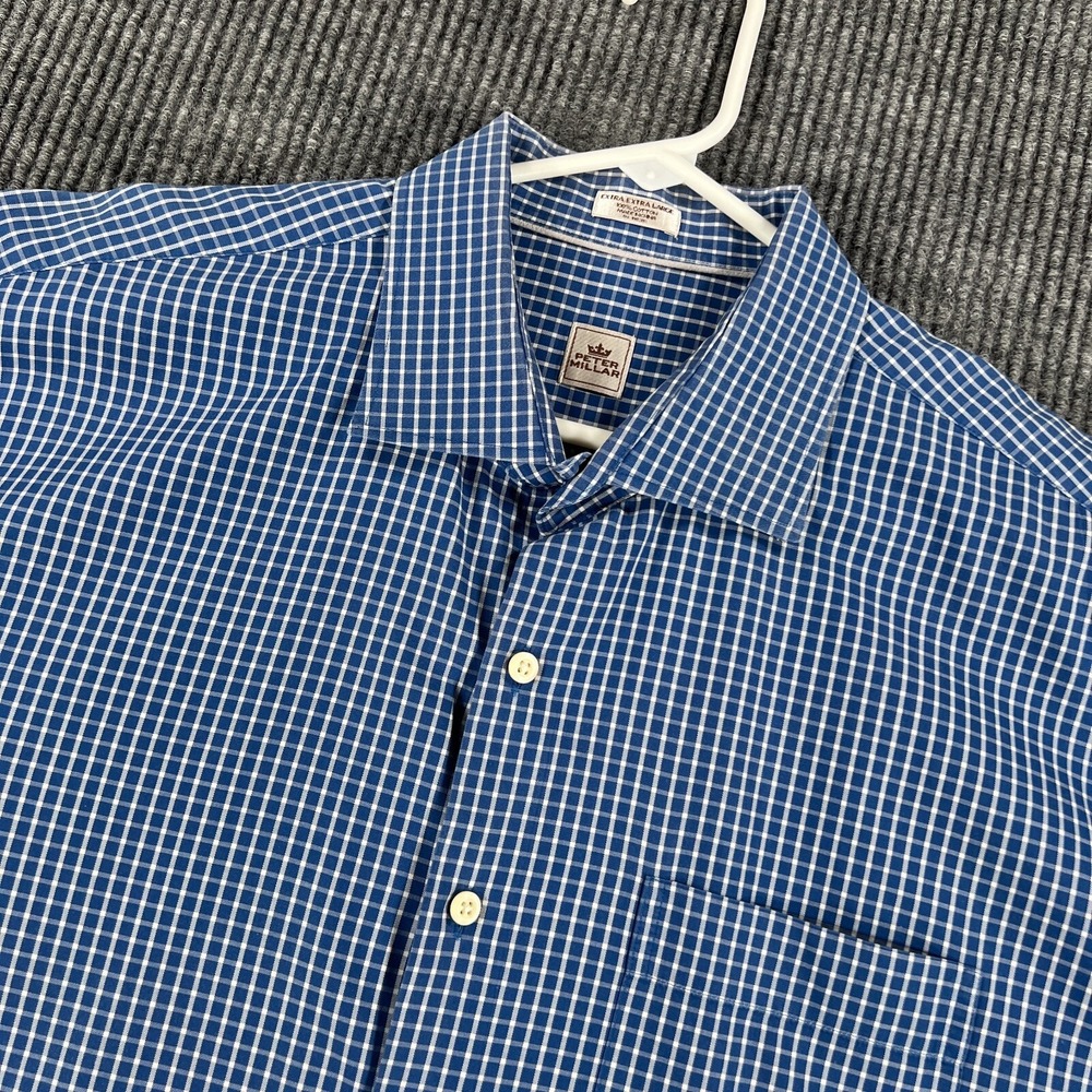 Peter Millar Shirt Mens 2XL XXL Blue Check Long Sleeve Button Up Casual Dress